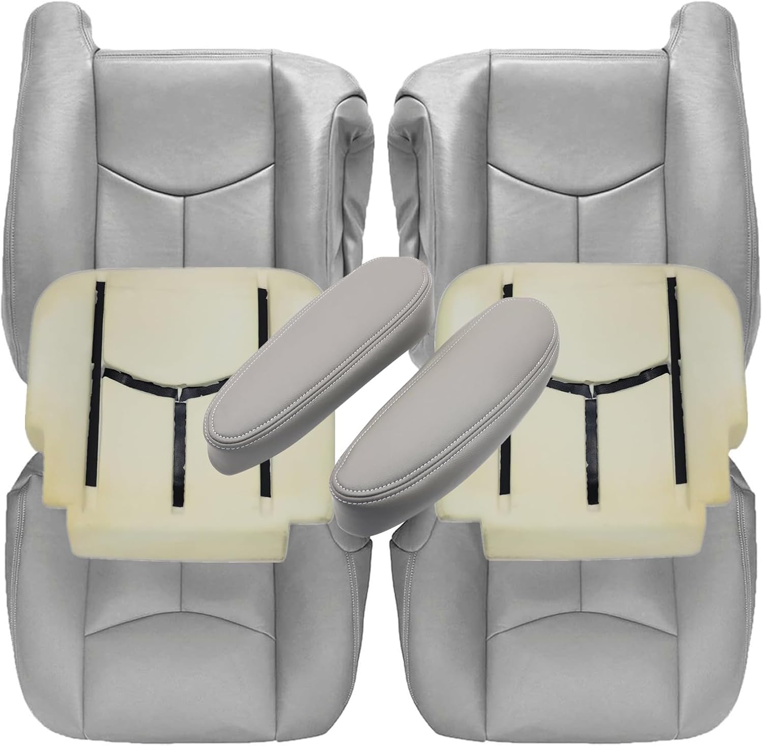 SecosAutoparts Driver & Passenger Bottom & Top & Foam & Amrest Leather Seat Cover Light Gray # 922 Compatible with Chevy GMC Tahoe Suburban Avalanche Yukon Silverado Sierra 2003 2004 2005 2006