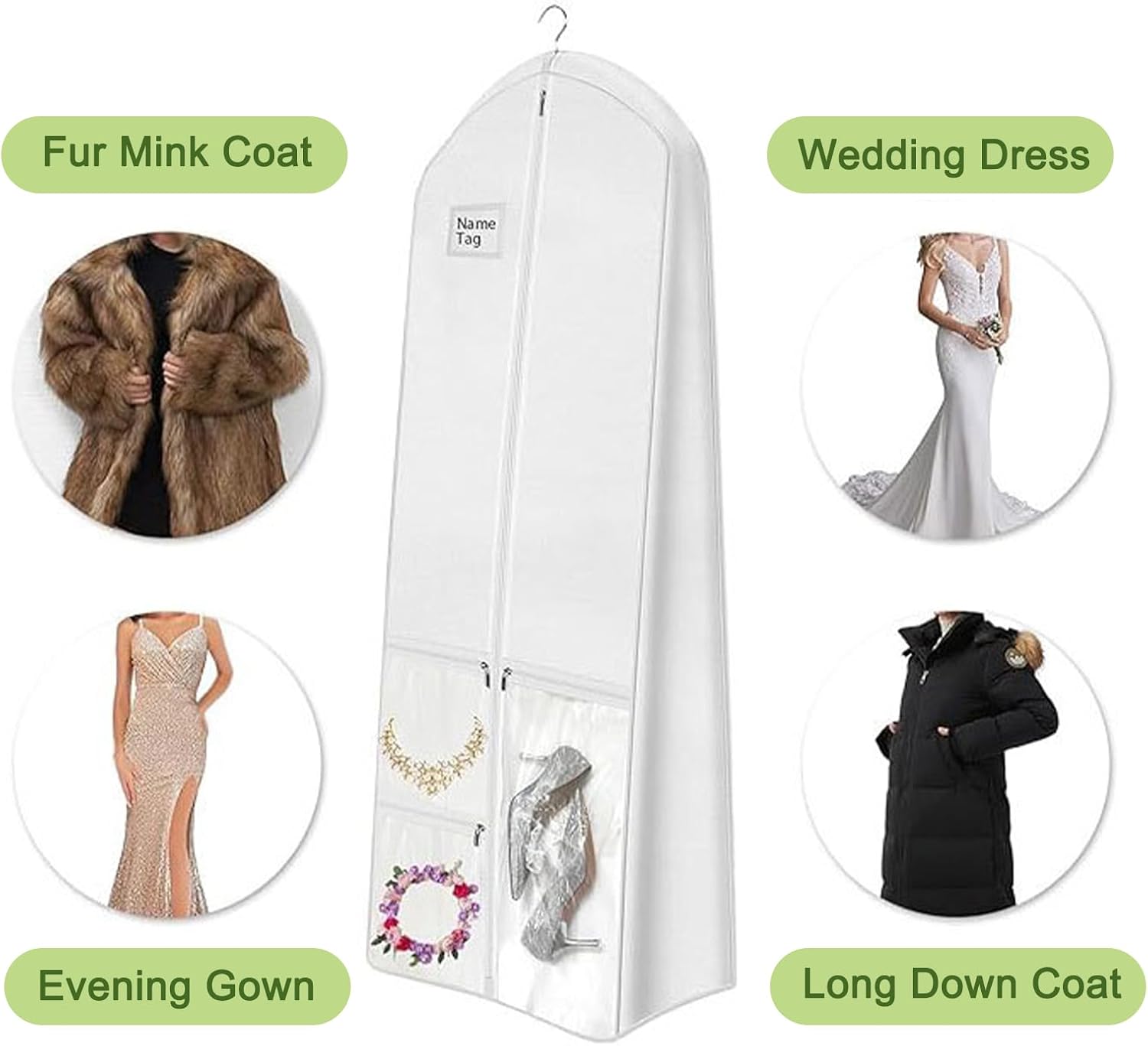72" Wedding Dress Garment Bag,Extra Long Garment Bags for Gowns,Garment Covers,Dress Bag with 3 Pockets,Garment Bags for Travel, Evening Gowns,Wedding Essentials(White)