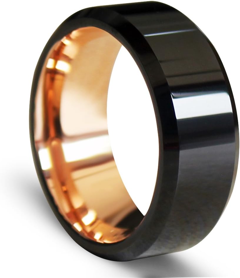 EZreal Will Queen 8mm Black Polished Beveled Tungsten Carbide Rings with Rose Gold Plated Interior