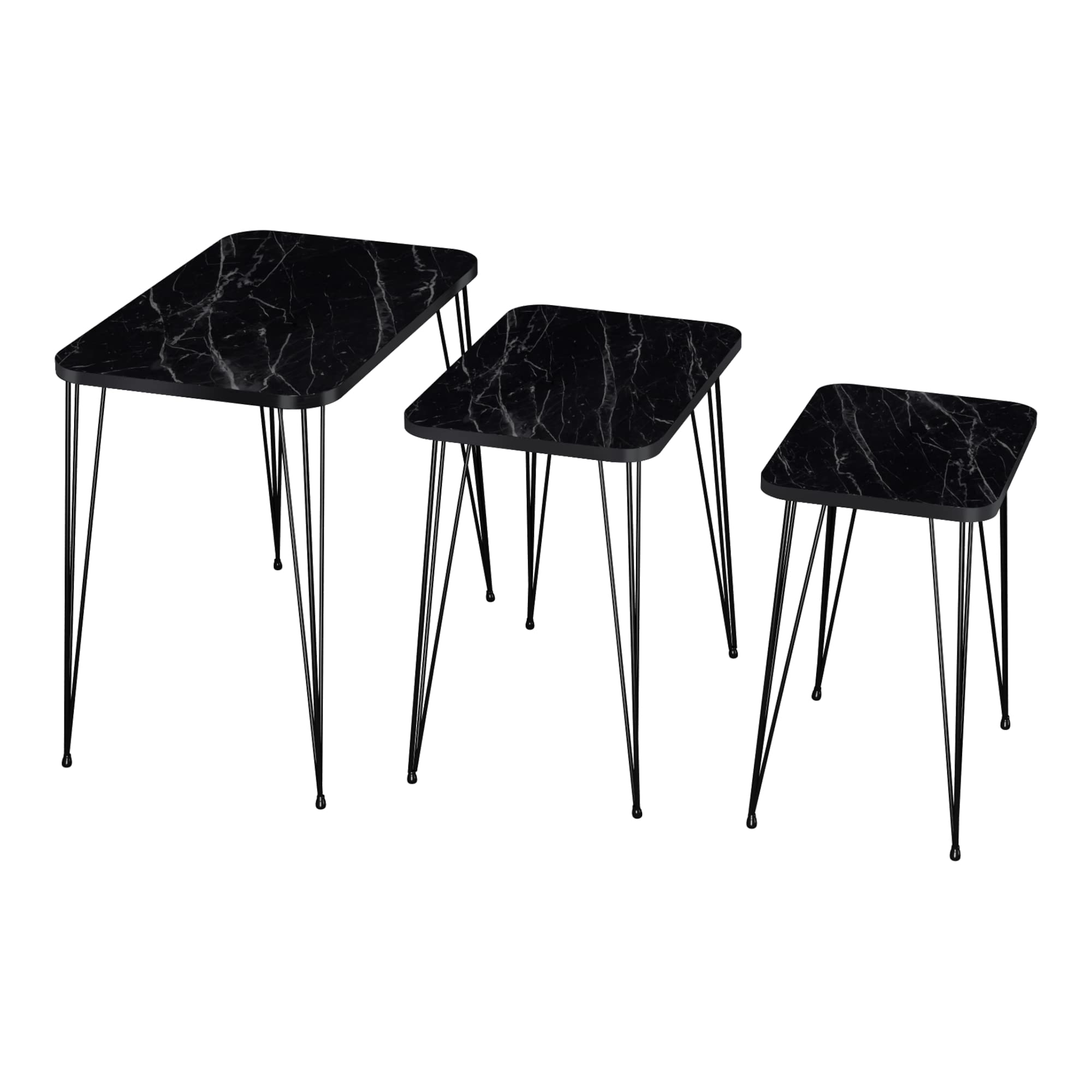[en.casa] Set di 3 Tavolini Bassi da Divano - Tavolini Sovrapponibili in Dimensioni Diverse Gambe a Forcina in Metallo Piano Quadrato - Effetto Marmo Nero