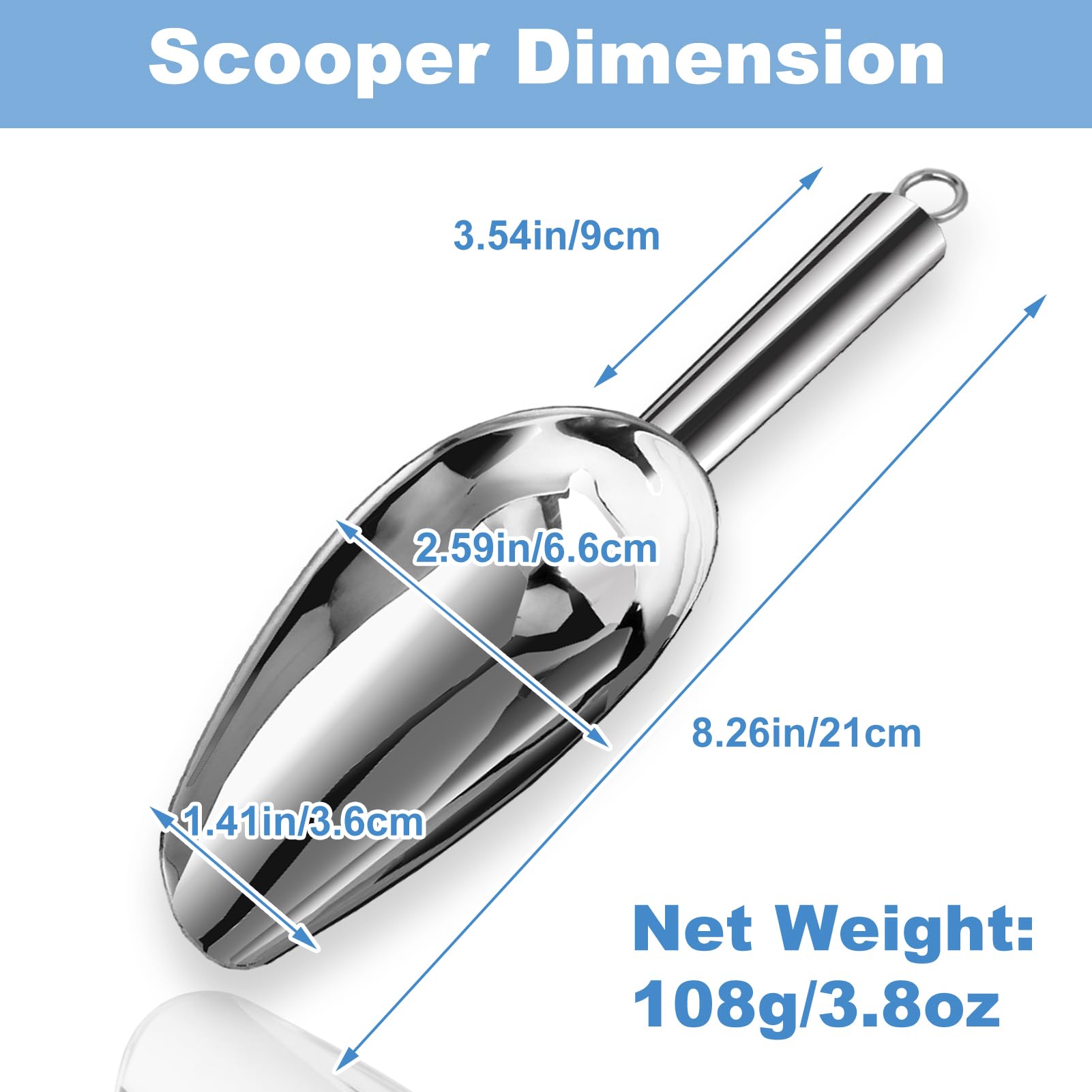 Paletta per ghiaccio in acciaio inox ispessito con gancio, 170 g, 20 cm, utensile da cucina multiuso per ghiaccio, farina, zucchero e altro ancora