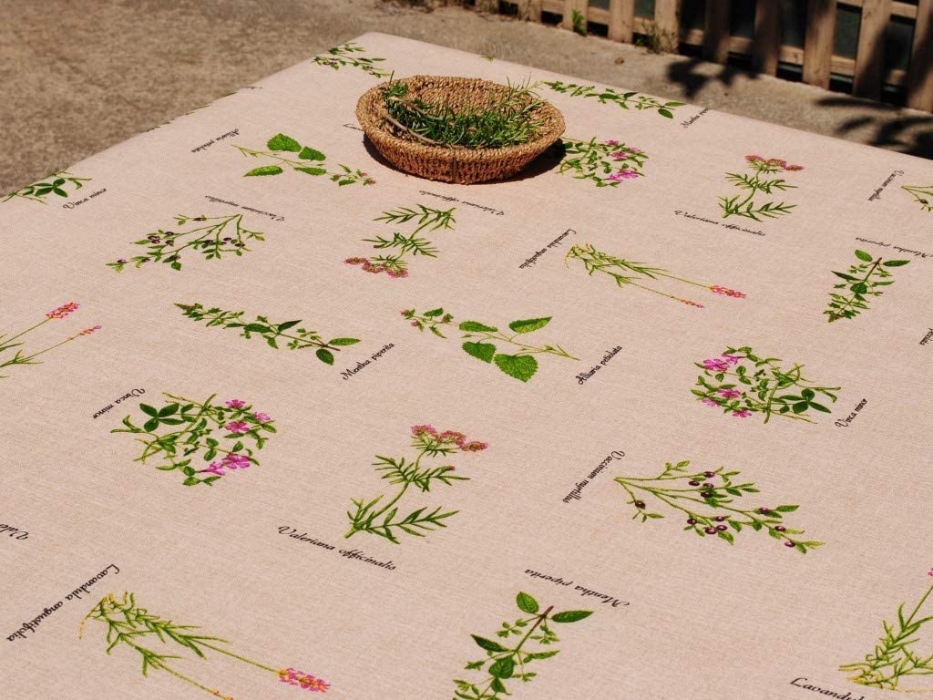 Mantel de Tela resinada Antimanchas, Estampado botánico, Plantas medicinales y aromáticas, Color Beige, Varios tamaños, para el Restaurante, el Hotel, la Casa, Decoración (140_x_325_cm)