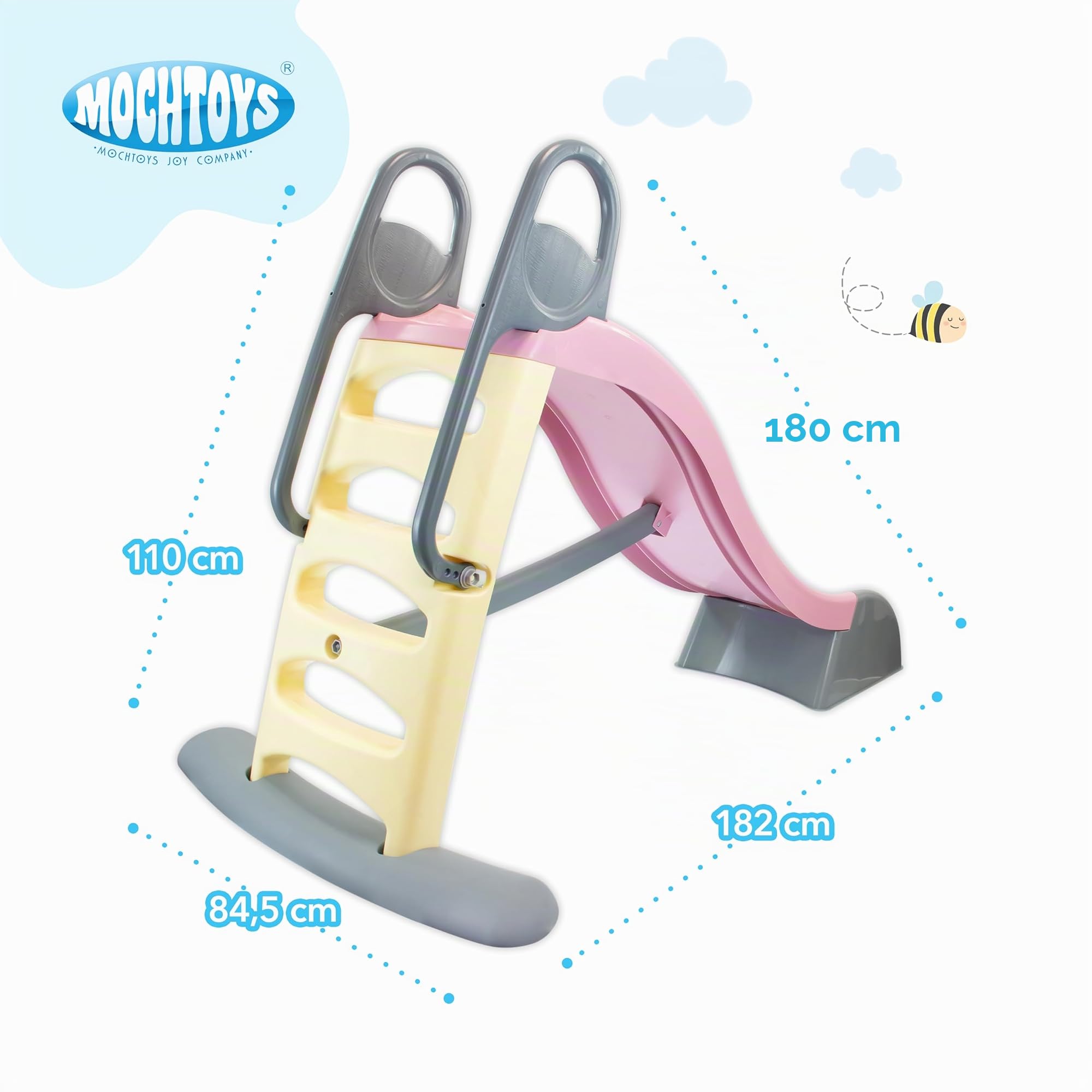 Mochtoys Rutsche für Kinder - 180 cm Lange Innen und Außen UV-Beständig, Große Gleite Für Kinder, Wasseranschluss, Rutschbahn, Rosa/Grau