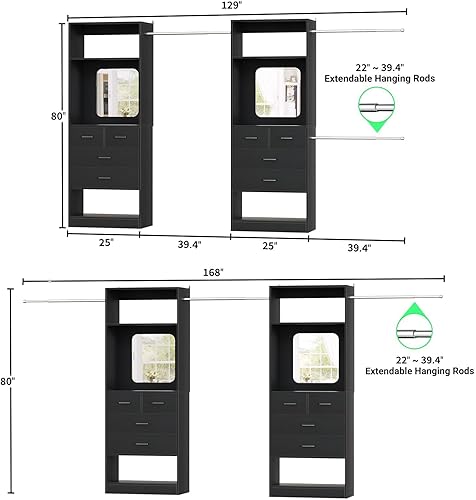 Miniatura 4 de Unikito Closet Systems - Organizador de armario de 6 a 14 pies con 8 cajones y espejo, 168 pulgadas grande de madera con torre, armario resistente