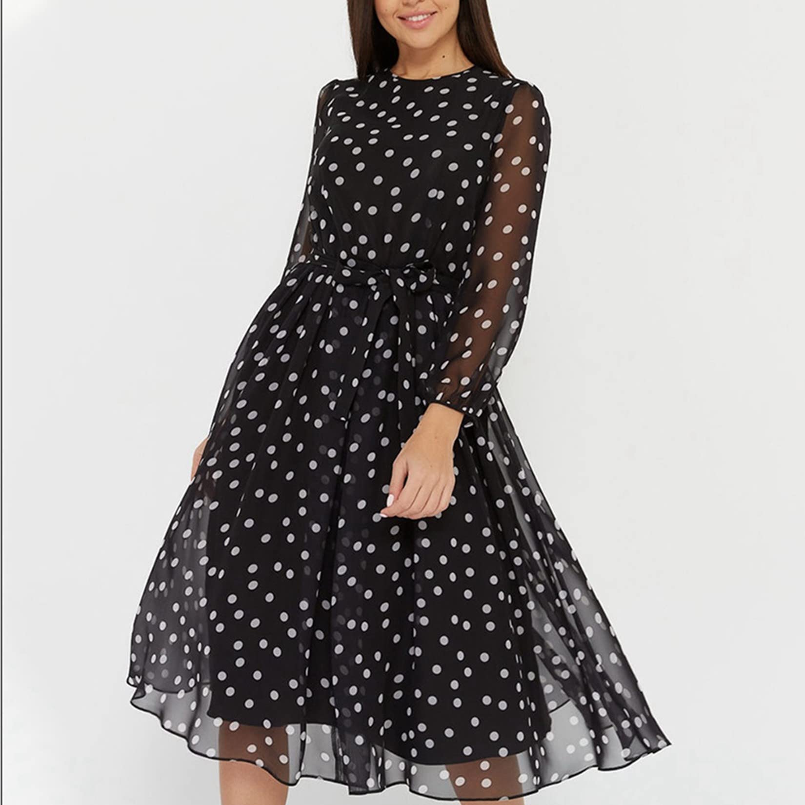 Dawwoti Abiti da Donna Abito in Chiffon A Maniche Lunghe A Pois Sciolto con Cintura per La Primavera Abito Casual Estivo