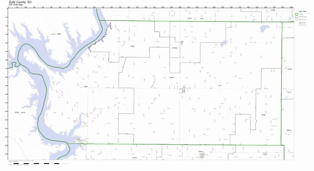 Sully County, South Dakota SD ZIP Code Map Not Laminated