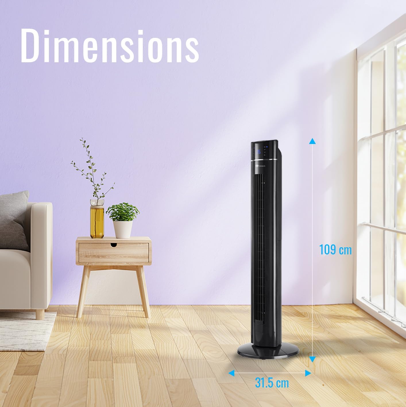 PureMate Tower Fan with dimensions indicated