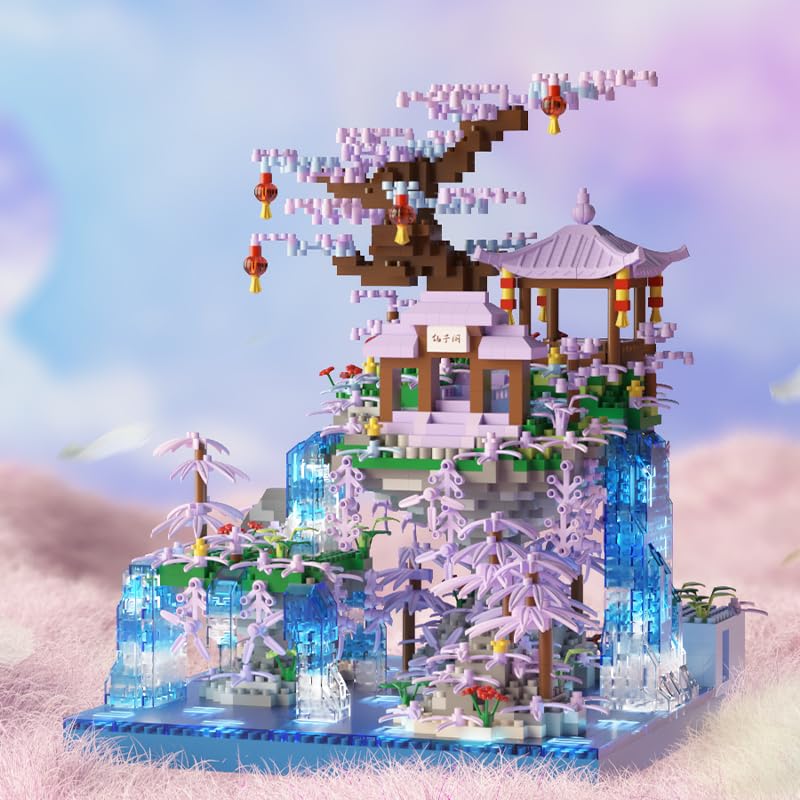 Image of SKY LINE OCEAN Cherry Blossom Tree House Micro Building Blocks Set - 2500+ Pieces Peach Blossom Pond Architecture Kit with LED Lights Gift for Adults & Kids | 6 Months Warranty (Ages 14+)