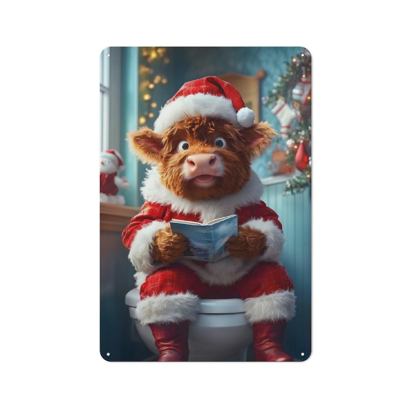 Junmoney Highland Cow Santa Toilet 30X20cm Rustic Metal Sign With For Hobby Room Or Studio, Metal Sign Decor For Hobby Rooms And Studios