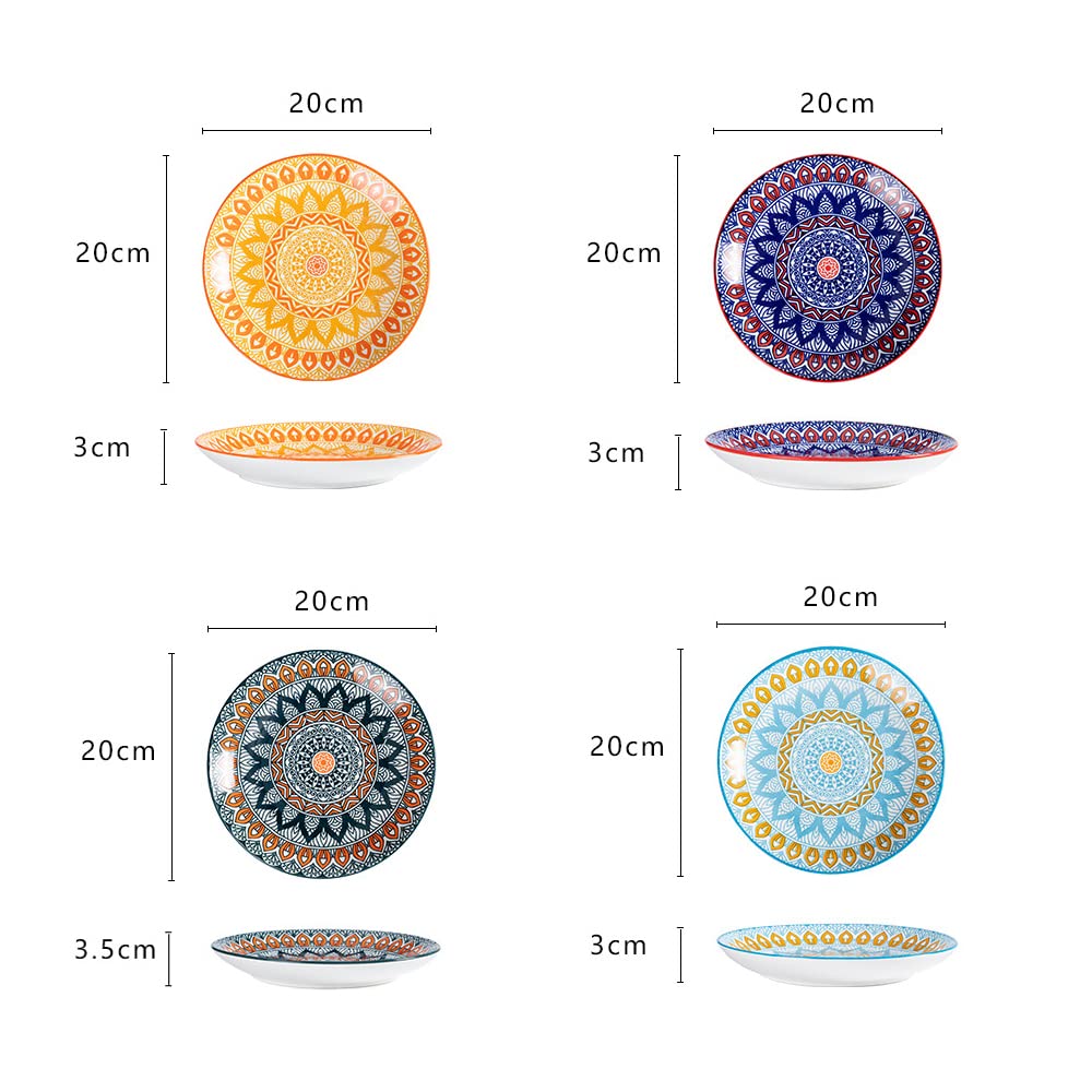 fanquare Set 4 Piatti Pasta in Porcellana - 20cm Servizio Piatti in Ceramica Floreale Boho, Piatto Laterale per Insalata, Pasta, Dessert, Frutta, Torta, Antipasto