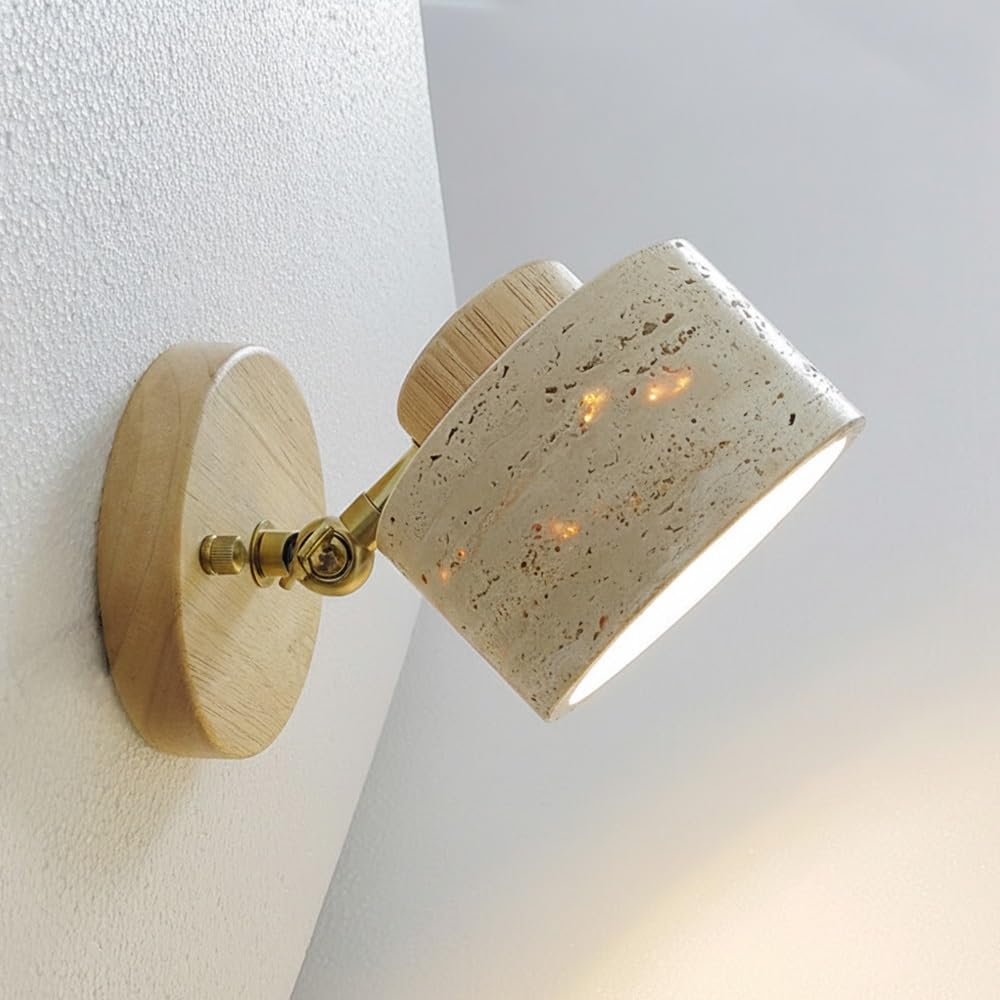 COSRUB Japanese Cylinder Stone Wall Sconce, Adjustable Travertine Wall Mounted Light Nordic Rustic Small Wall Lighting for Bedside Living Room Hallway(Wood)