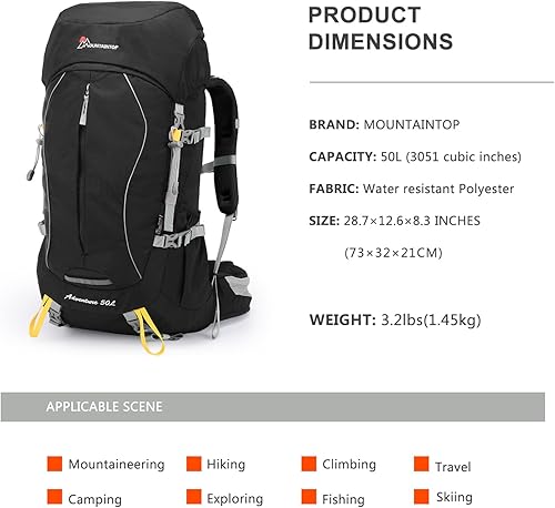Miniatura 2 de MOUNTAINTOP Mochila de senderismo con marco interno de 60L con cubierta de lluvia Mochila de campamento al aire libre para hombres y mujeres