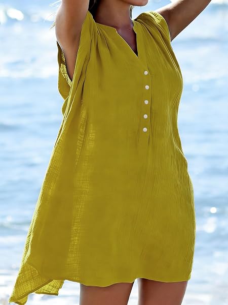JFAN Camisolas Playa Mujer Verano Vestido de Playa Cuello V Camisa Sin Mangas Suelta de Bikini Cover Up Beachwear - 3