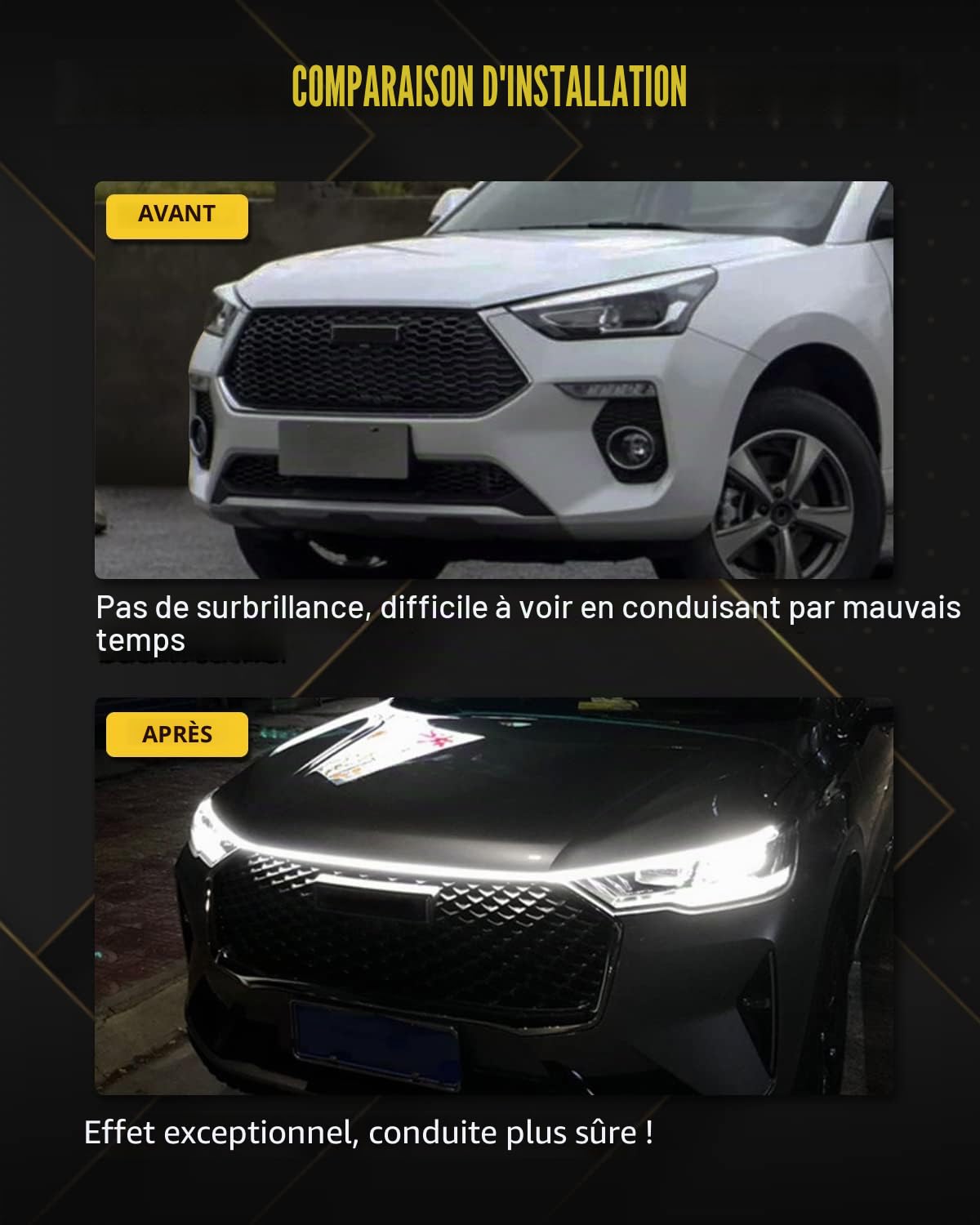 Bande LED Capot Blanc Étanche Dynamic Scan 12V 79 inch, 1Set | Convient aux voitures et camions pour feux de jour DRL flexibles