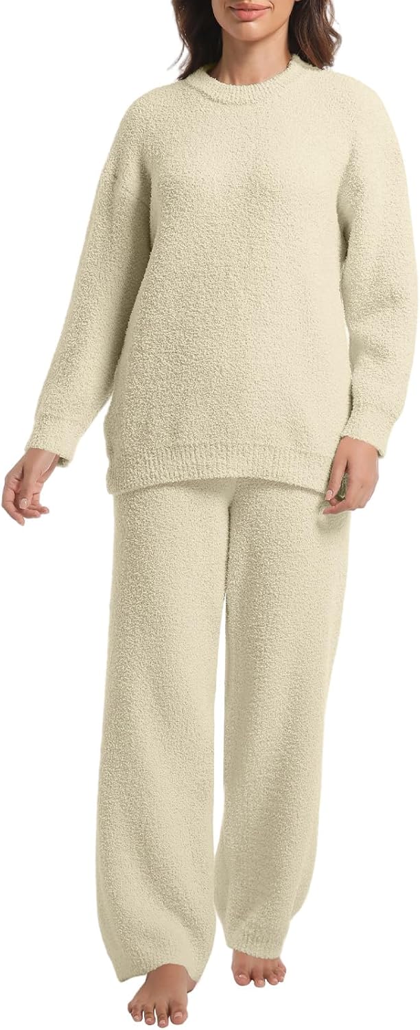 2 Piece Fleece Pajamas for Women Set Loungewear Outfits Knit Sweater Womens Long Sleeve Fuzzy Pajama Sets - Image 2