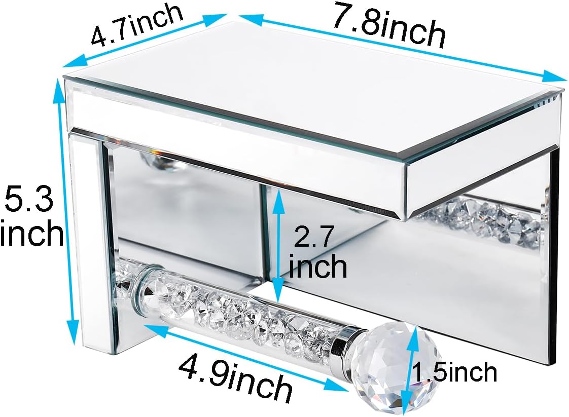 TACIDON Crystal Crush Diamond Toilet Paper Holder with Mirrored Shelf. Silver Modern Toilet Paper Holder Wall Mounted, Glamorous Mirror Toilet Paper Roll Holder for Bathroom Washroom.