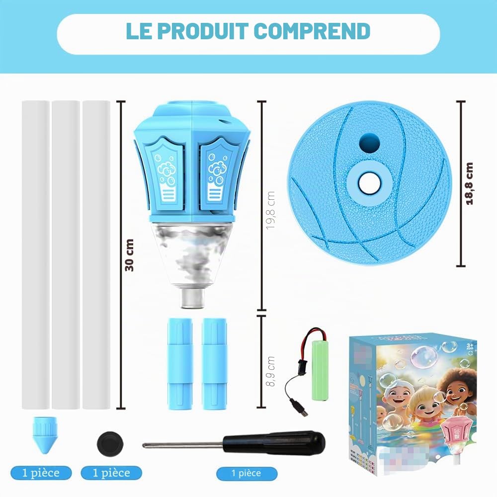 Bubble Torch Lampe de Jardin avec Lumière et Musique,Réglables Hauteur,Machine à Bulles d'extérieur Rechargeable avec Télécommande,Machine a Bulle Automatique pour Jardin,Anniversaire,Mariage (Bleu)