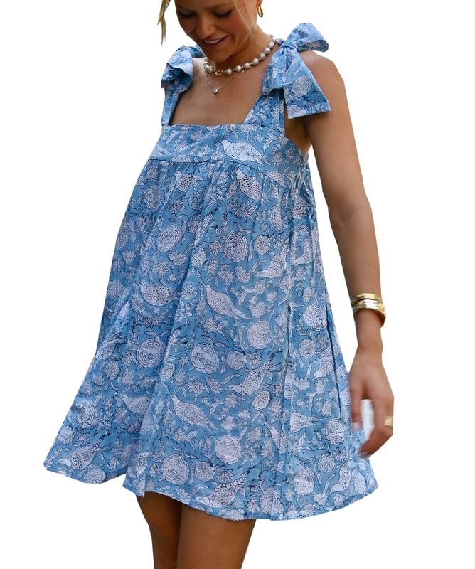 Image of Women Floral Tie Shoulder Mini Dress Cute Square Neck Loose Fit Beach Short Dress Backless Boho Vocation Sundress