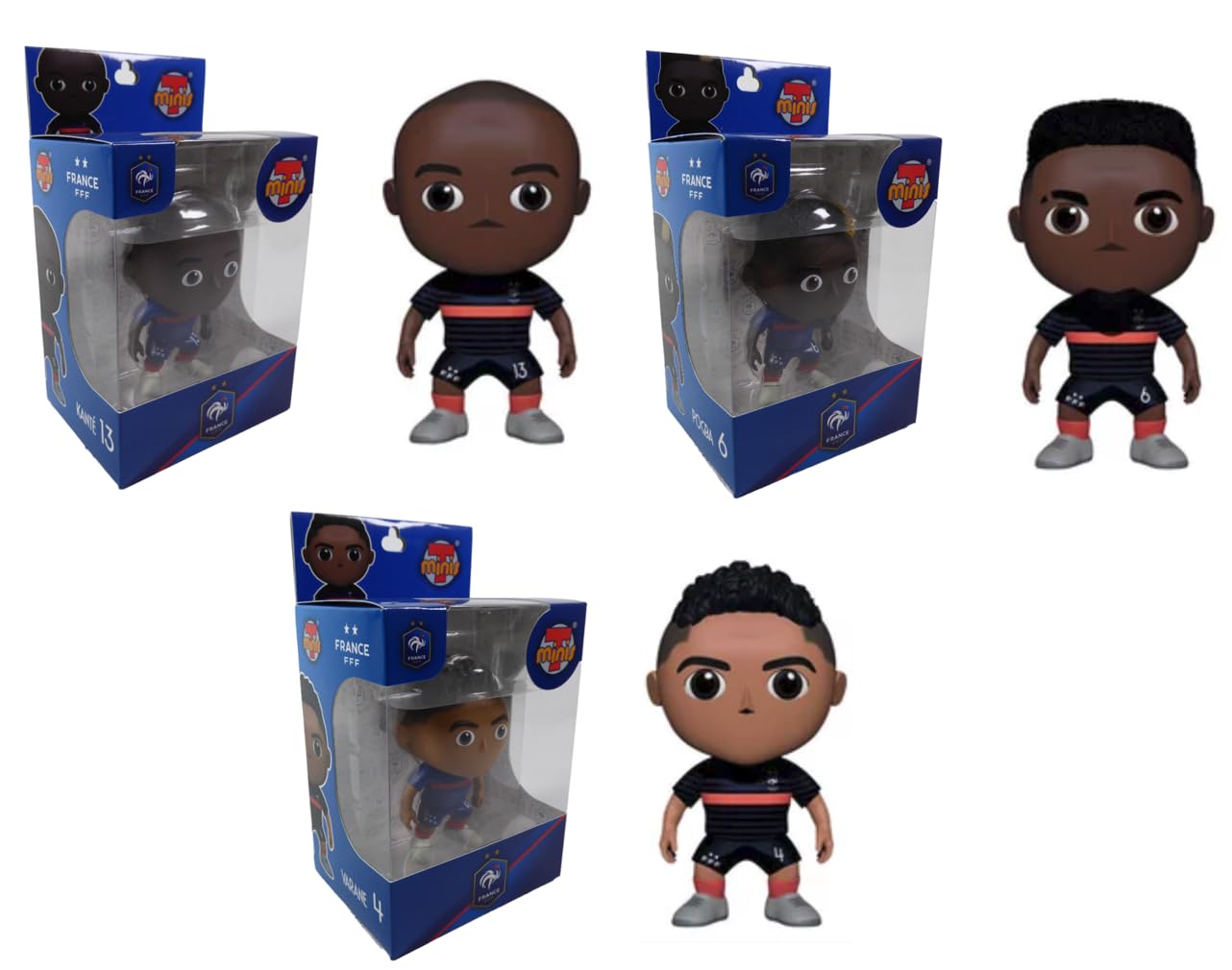 - Lot de 3 Figurines de Foot 10 cm, Equipe de France Champions du Monde 1998-2018 FFF - KANTE + Pogba + VARANE - Football 4+6+13 / EDF7