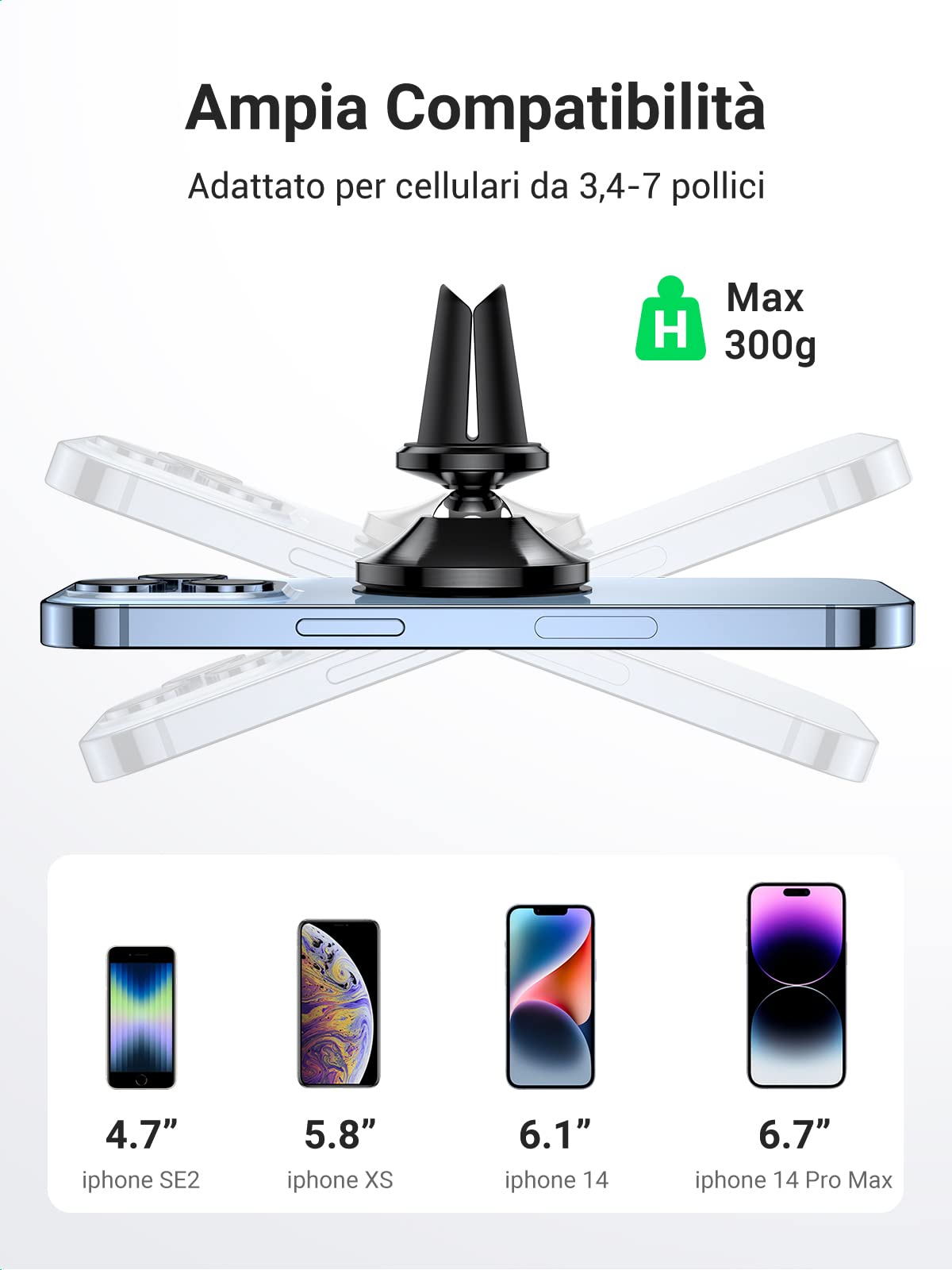 UGREEN Supporto Cellulare Auto Magnetico 2 Pad Metallo Inclusi, Porta Cellulare Auto Magnetico per iPhone 16 15 14, Galaxy, Oppo, Redmi/Xiaomi, ECC
