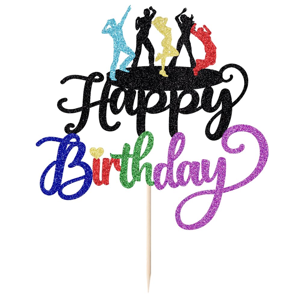 FmiyunEea Disco Happy Birthday Cake Topper - Black Glitter Music & Rock Theme, Unisex Adult Party Decoration โ image 1