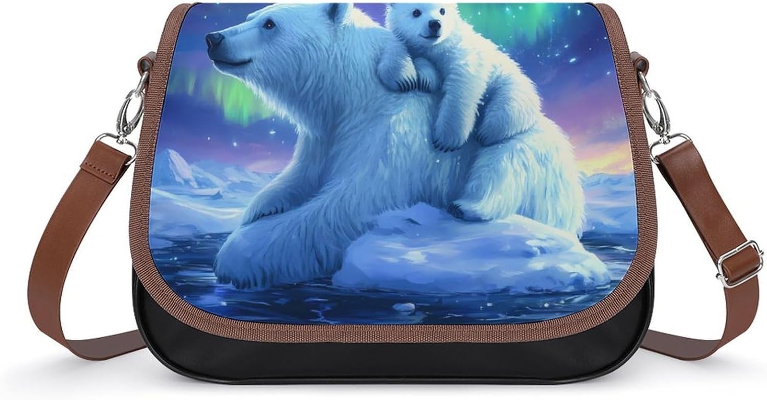 White Bear Northern Lights Women's Shoulder Handbags Cute PU Leather Purse Crossbody Messenger Bags