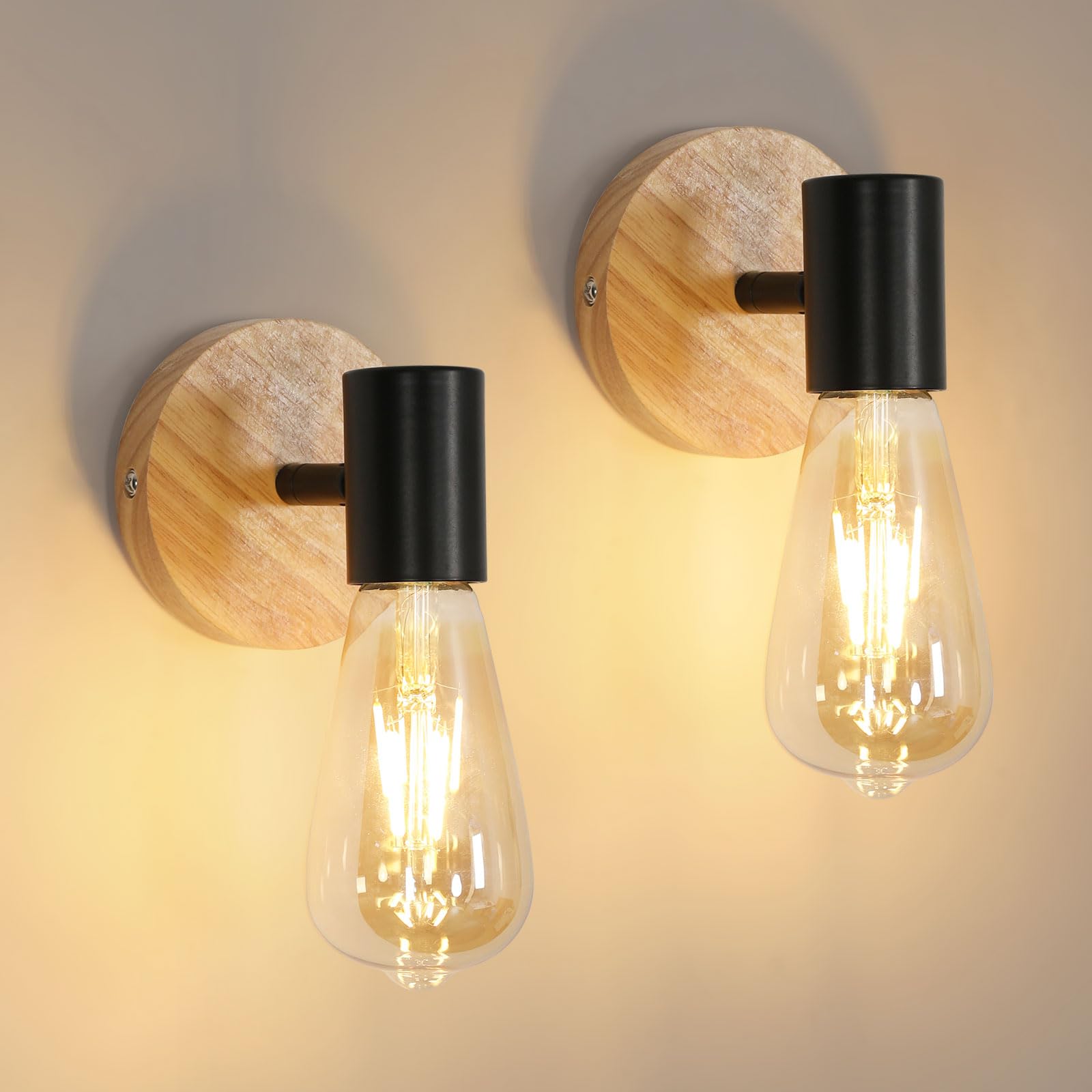 Comely Applique Murale Intérieure 2 Pièces, Vintage Bois Rotative Lampe Murale Industrielle en Métal E27 Applique Murale Lampe de Mur Noir pour Salon Chambre Cuisine (Ampoule Non Incluse)