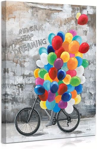 Arte de pared inspirador para niñas globo "Never Stop Dreaming" pintura de bicicleta enmarcada póster motivacional para mujeres, oficina,