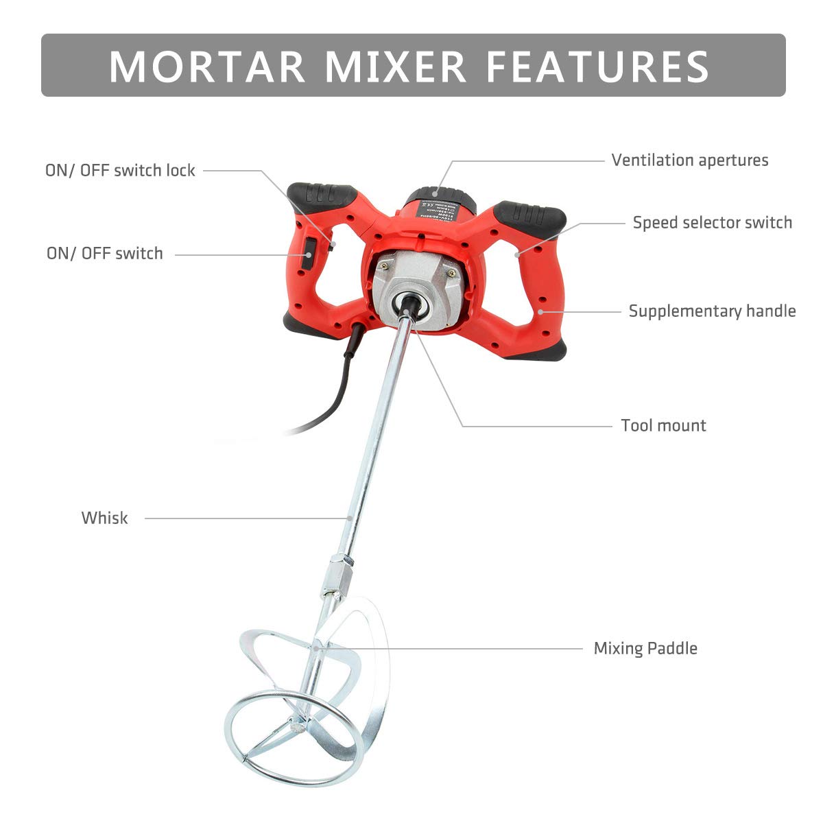 2100 watt Electric Mortar Mixer, Anti-Slip Handheld 6-Speed with Carbon Brush for mid-viscosity liquids, including grain, plaster, cement, mortar and more