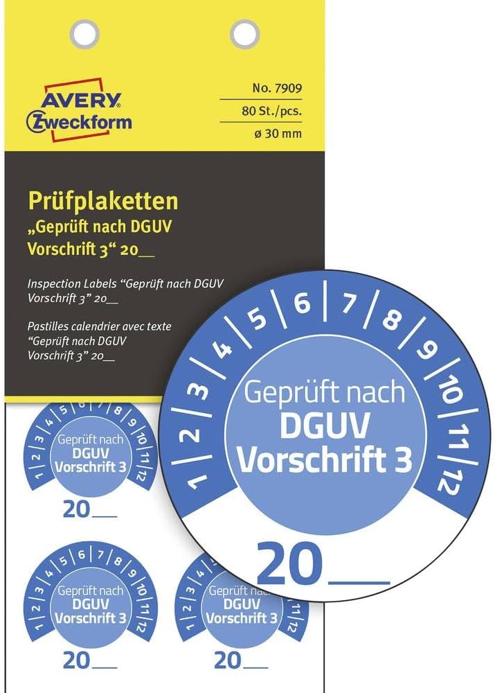 AVERY Zweckform, 80 x Blue Test Badges - DGUV Regulation 3 - Durable Self Adhesive - 30mm - Vinyl Test Stickers - 7909