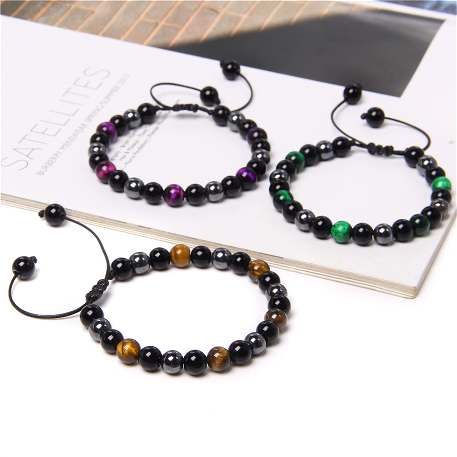 Naturstein-Armband, Vintage-Geflecht-Armbänder, Paare, natürliches Chakra-Tigerauge-Armband, Herren, verstellbar, gewebt, schwarzer Onyx-Stein, Perlen, Schmuck, Armband, Schmuck