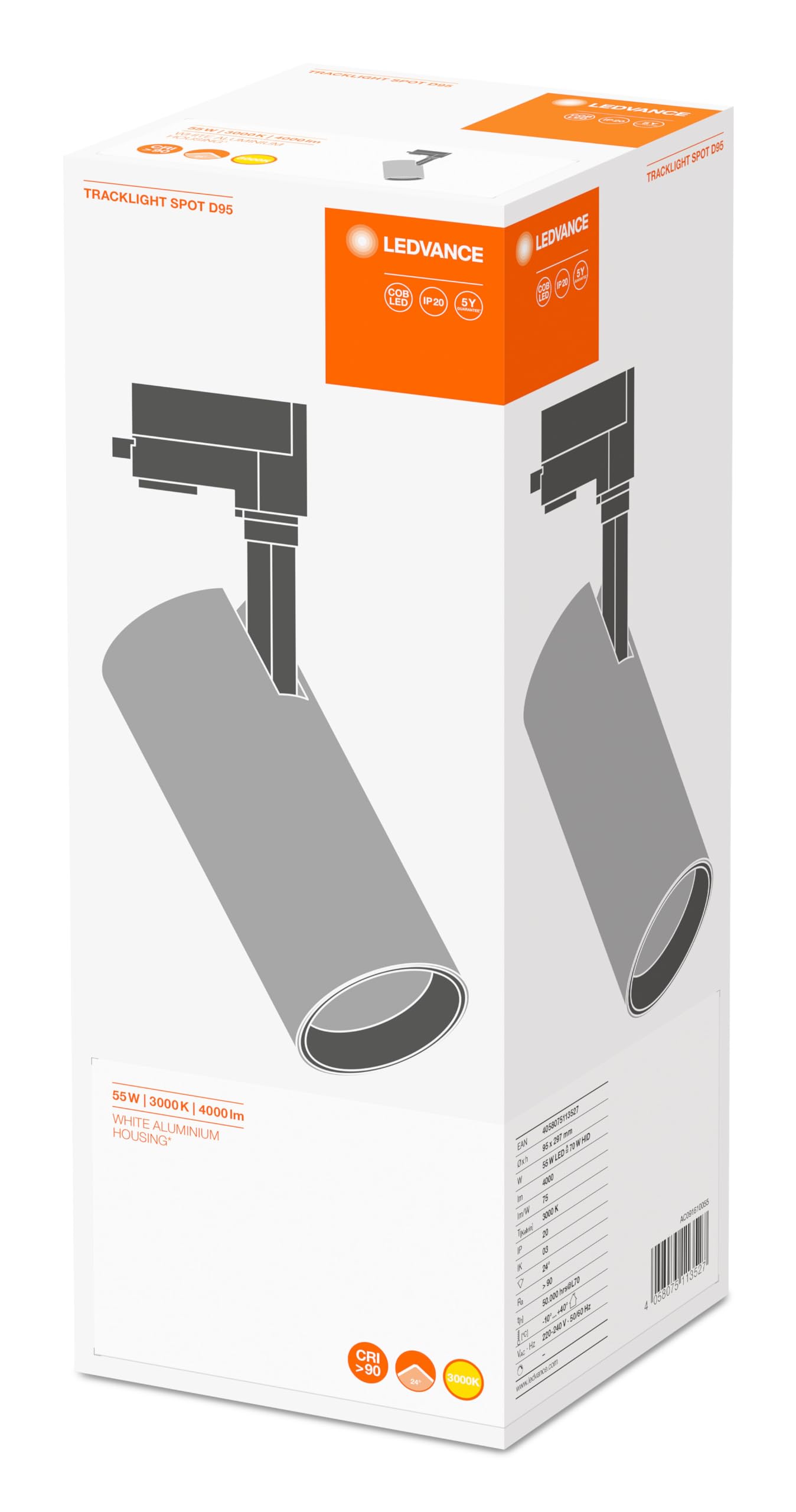LEDVANCE TRACKLIGHT SPOT D95 55W White LED Stromschienen-Spotlight Warmweiß 95x297mm