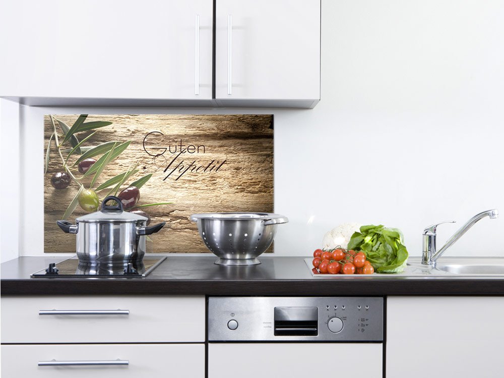 GRAZDesign Spritzschutz Glas für Küche, Herd Bild-Motiv Olivenzweig mit Schrift Küchenrückwand Küchenspiegel Glasrückwand Herdblende 4mm ESG Glas (60x40cm)