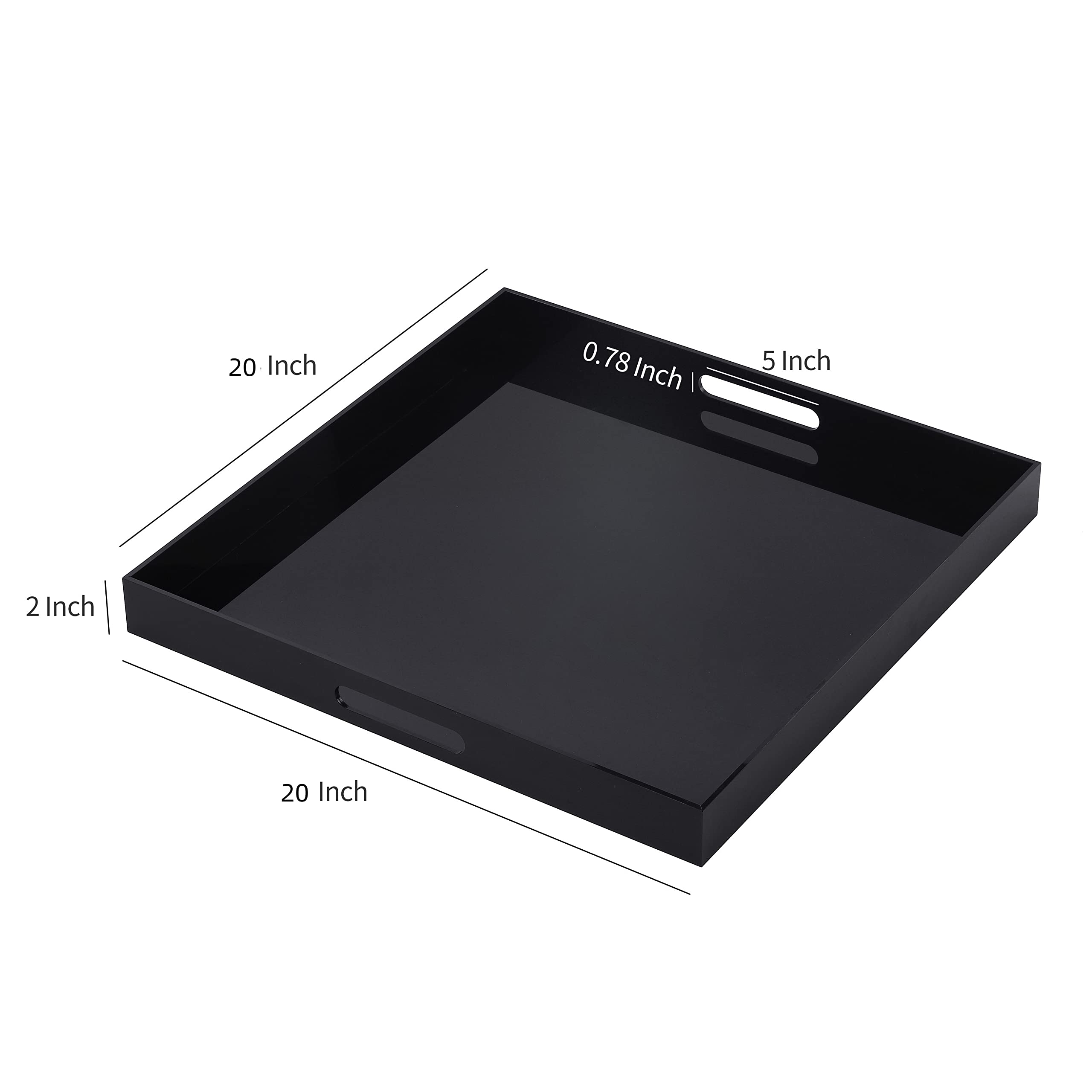 Bandeja de acrílico de gran tamaño con asas, 20 x 20 pulgadas, a prueba de derrames, bandejas decorativas para otomana, mesita de noche, auxiliar, mayordomo (20 x 20 pulgadas, negro)