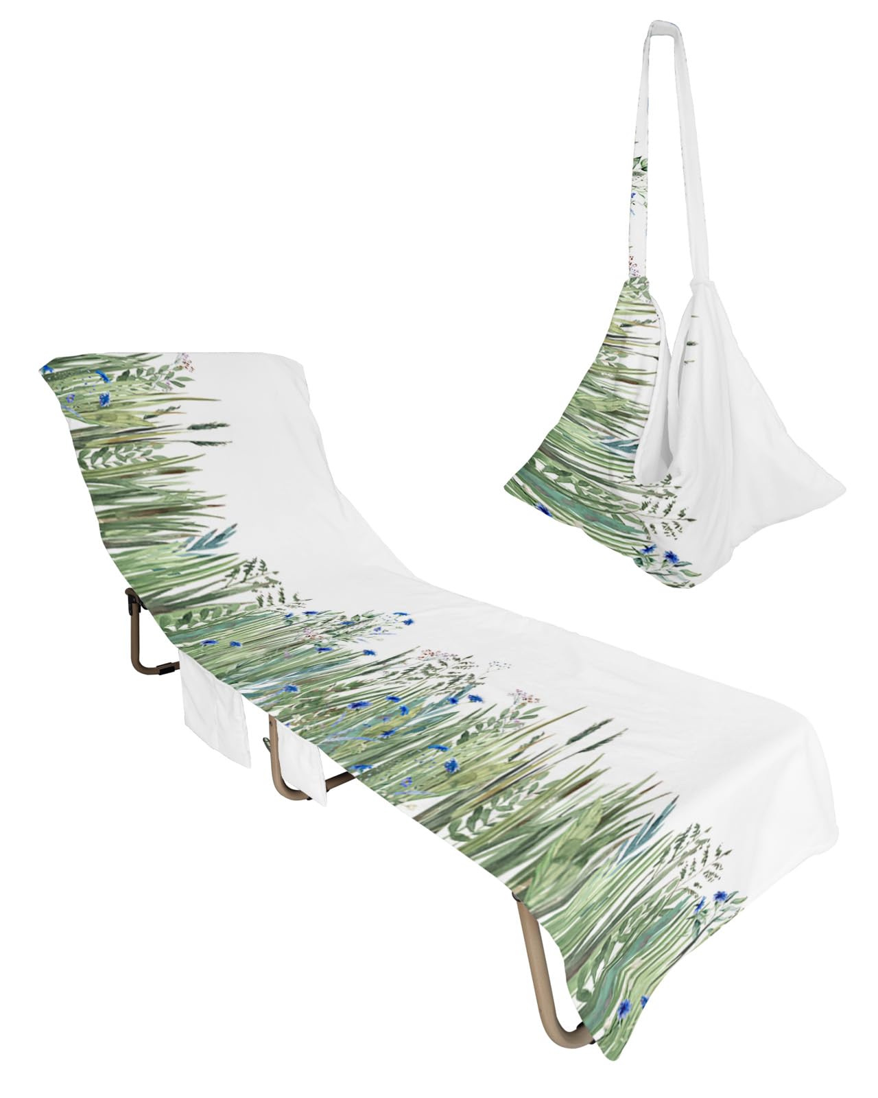 Green Blue Botanical Beach Lounge Chair Towel Cover, Soft Chaise Lounge Towel with Side Pockets Patio Pool Chairs Cover for Beach/Pool Sunbathing 29x85 Watercolor Plants Spring Floral