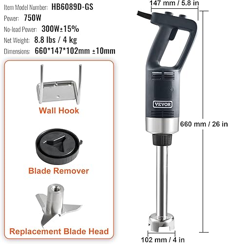 Miniatura 7 de VEVOR Batidora de inmersión comercial, 750 W 12 pulgadas, mezclador de mano resistente, mezclador de barra de cocina de velocidad variable con hoja
