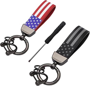 2 PCS American Flag Car Keychain, Key Fob with USA Flag, 360 Degree Rotatable Keychain with Anti-Lost D-Ring, Car Accessories Black+Red