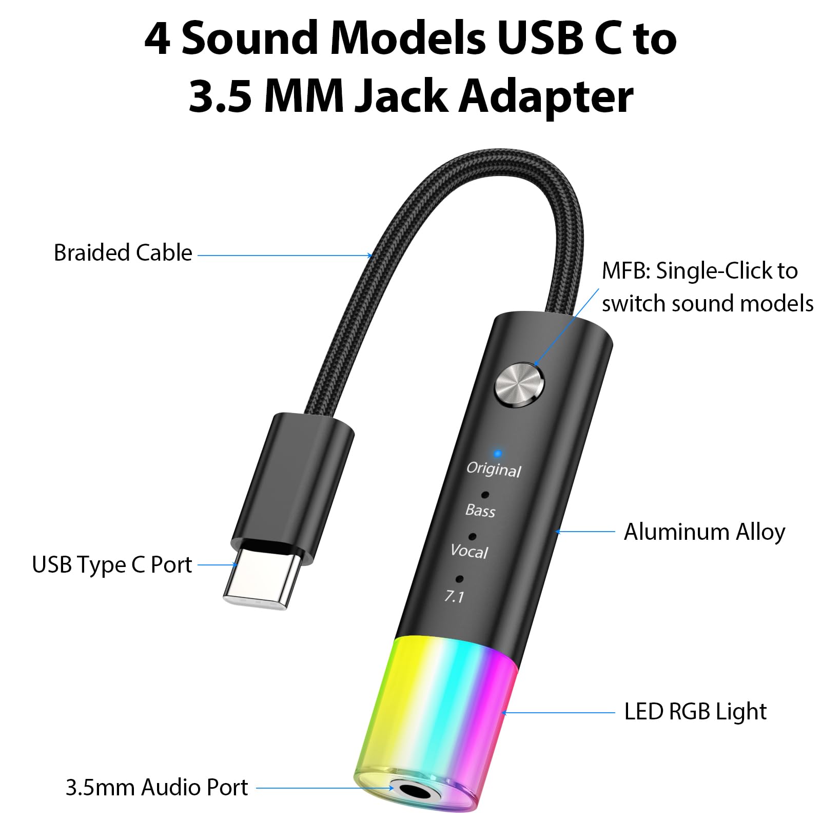 3,5-mm-Klinken-Audio-Adapter, USB-C-Kopfhörer-Adapter, Neonlicht, mehrere Modi, HiFi-Bass, klarer Gesang, Surround-Sound, für iPhone 16 Pro Max 15 Plus 16e, Galaxy S25 Ultra S24 S23 S22 S21, Pixel 10