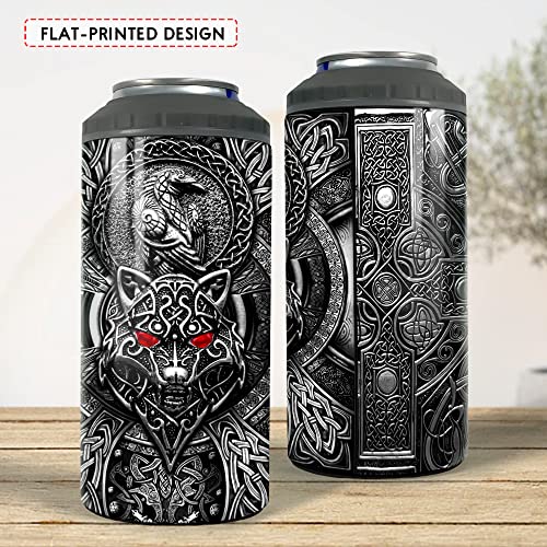 Image of SANDJEST Wolf Tumbler Raven Viking 4 in 1 12oz Tumbler Can Cooler Coozie Skinny Stainless Steel Tumbler Gift for Men Dad Son Father Husband Christmas Birthday