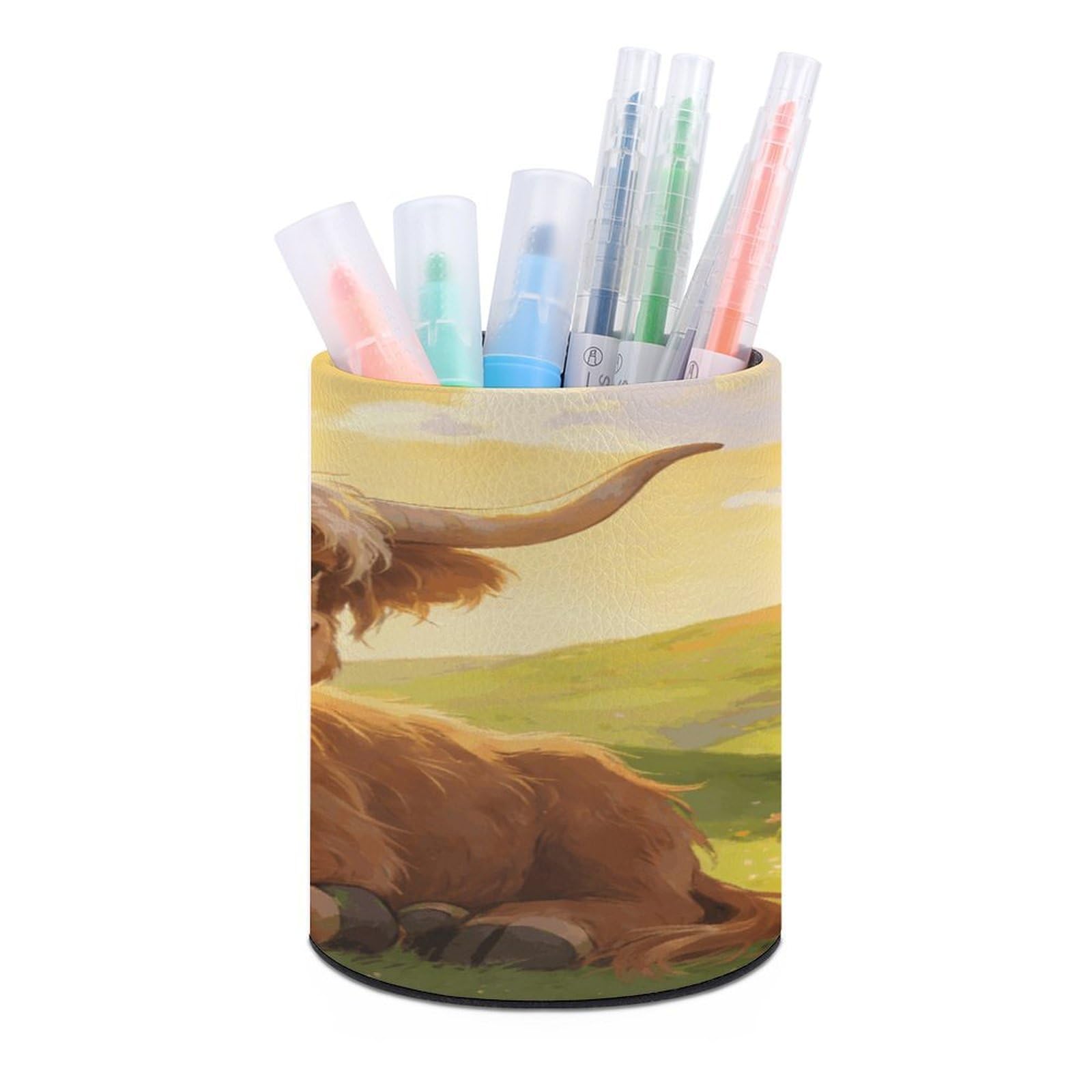 LZQPOEAS Highland Cow Chillin Pen Holder for Desktop Organizer Storage Case Modern Minimalist Pen Cup Round Pencil Holder PU Leather Pencil Cup Multi-Functional Office Supplies for Home