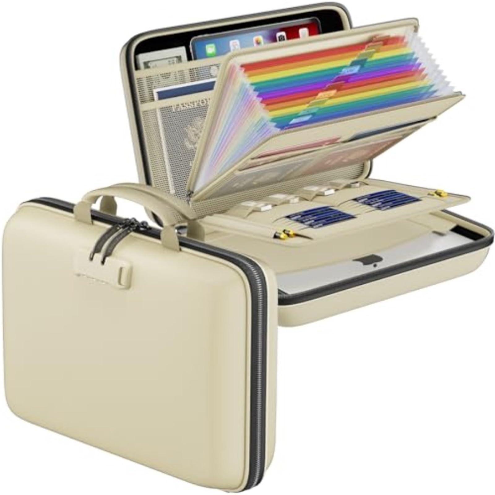 Organizador De Archivos Ignífugo Con Cerradura Rígida Para Escritorio | Caja de documentos ignífuga con carpeta de archivos de acordeón de 13 bolsillos portátil for el hogar(Beige)