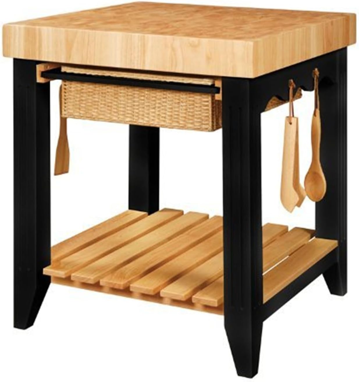 HomeStock Farmhouse Fresh Square Kitchen Island with Butcher Block Top, 30" W x 30" D x 36.38" H, Black/Natural, 4 Utensil Hooks, and Adjustable Glides