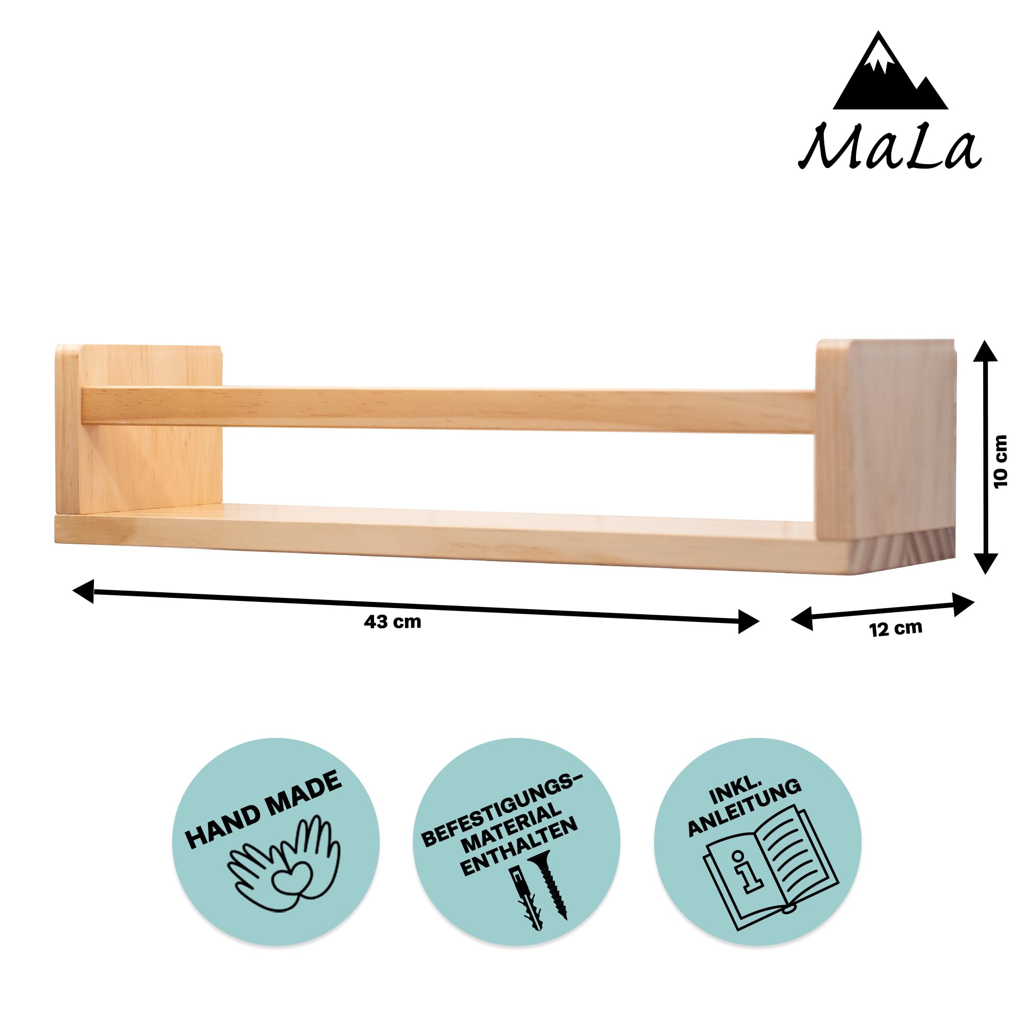 MaLa - 3er Set Natur Bücherregale aus Massivholz – Schweberegal Kinderzimmer Badezimmer Küche Wohnung – Montessori Wandregal für Spielzeug Bilder und Bücher | Abgerundete Ecken