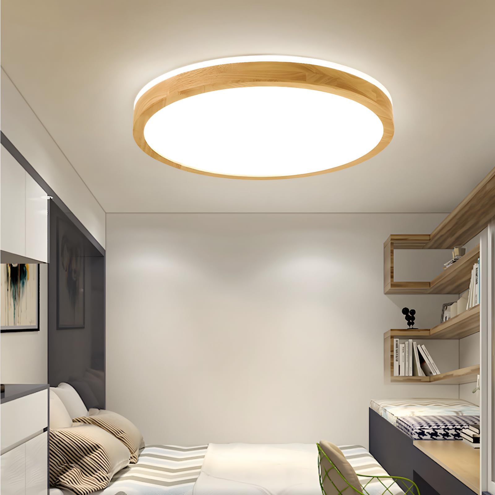 Lámpara techo LED madera, lámpara madera natural redonda con brillo superior de 360°| Regulable con mando distancia 2700K-6500K 30W | Salón Comedor Pasillo Hogar Oficina Habitación(Ø40cm)