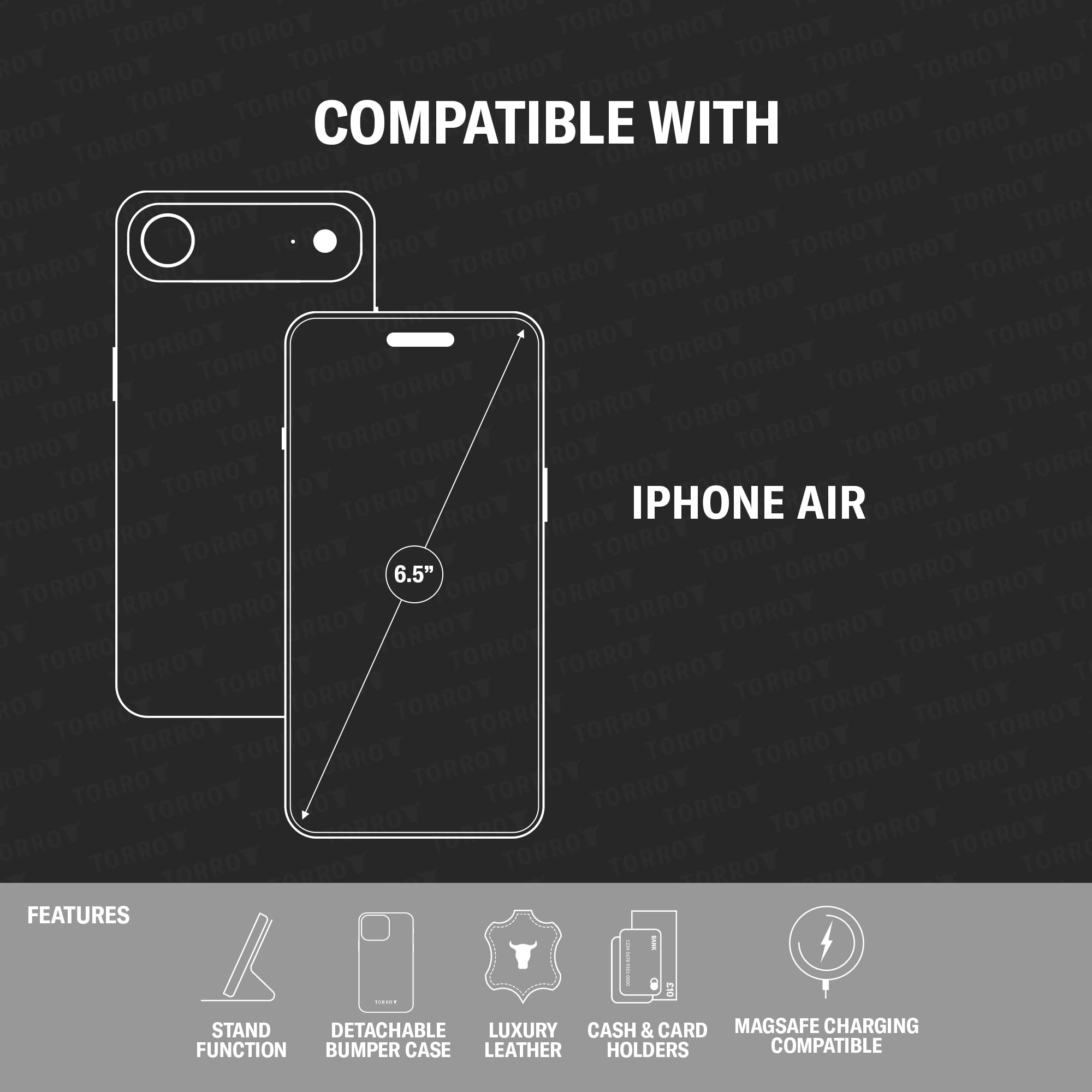TORRO Custodia in pelle compatibile con iPhone Air 6.5" 2025– Custodia con portafoglio rimovibile, supporto, scomparti per carte, compatibile con caricabatterie MagSafe (Nero)