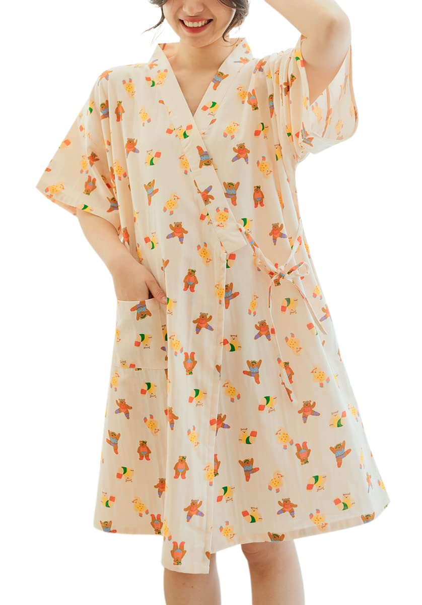 Euyqs Women's Cotton Pajamas, Double Gauze, Open Front, Long Length, For Hospital Care, Postpartum Nightgown #12 Beige Medium