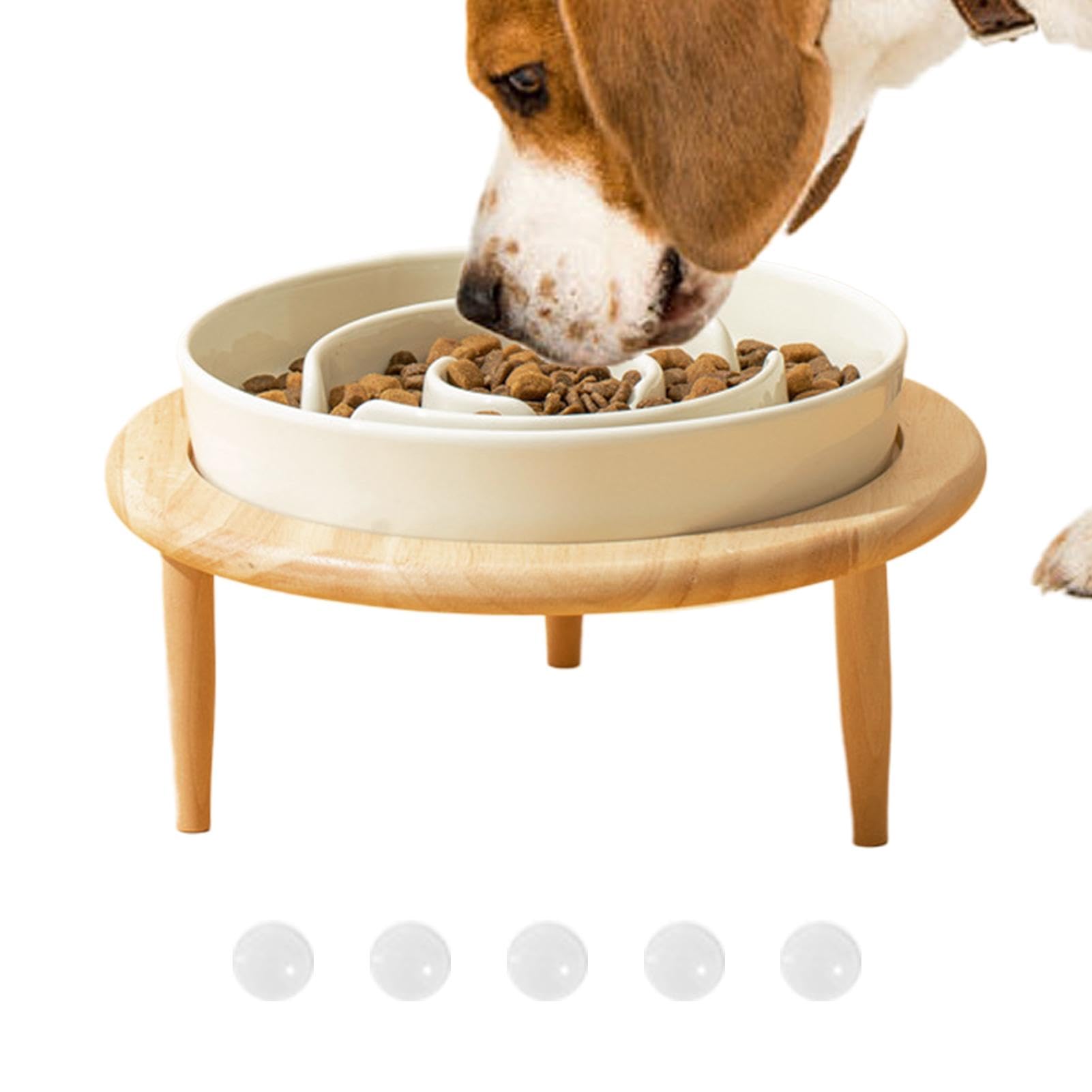 Comedero automático para Gatos， Comedero Lento for Perros, comedero de Madera y cerámica con Base elevada, Antideslizante(Beige)