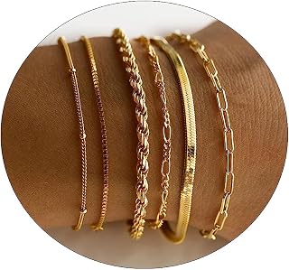 Bracelet for Women 14K Gold Plated Gold Bracelets Dainty Layered Cuban Paperclip Satellite Box Ball Herringbone Bracelet Layered Dots Rope Beads Chain Bracelet Set Jewelry Gifts for Women Girls