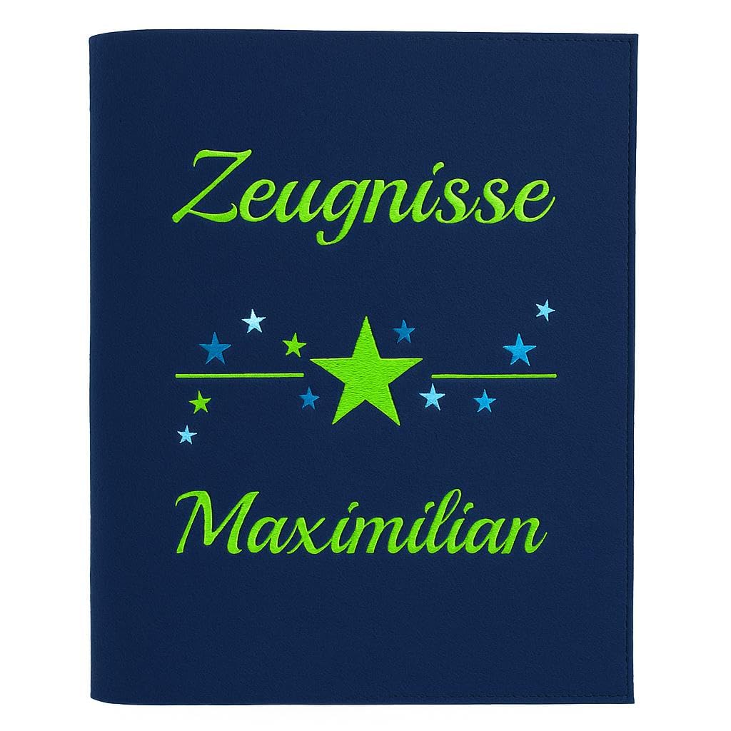 Generisch Personalisierte Zeugnismappe A4 aus Filz | Sternchen| hochwertig Bestickt | Schulkind | Geschenk | Schulstart | Zeugnisordner | Jungs und Mädchen