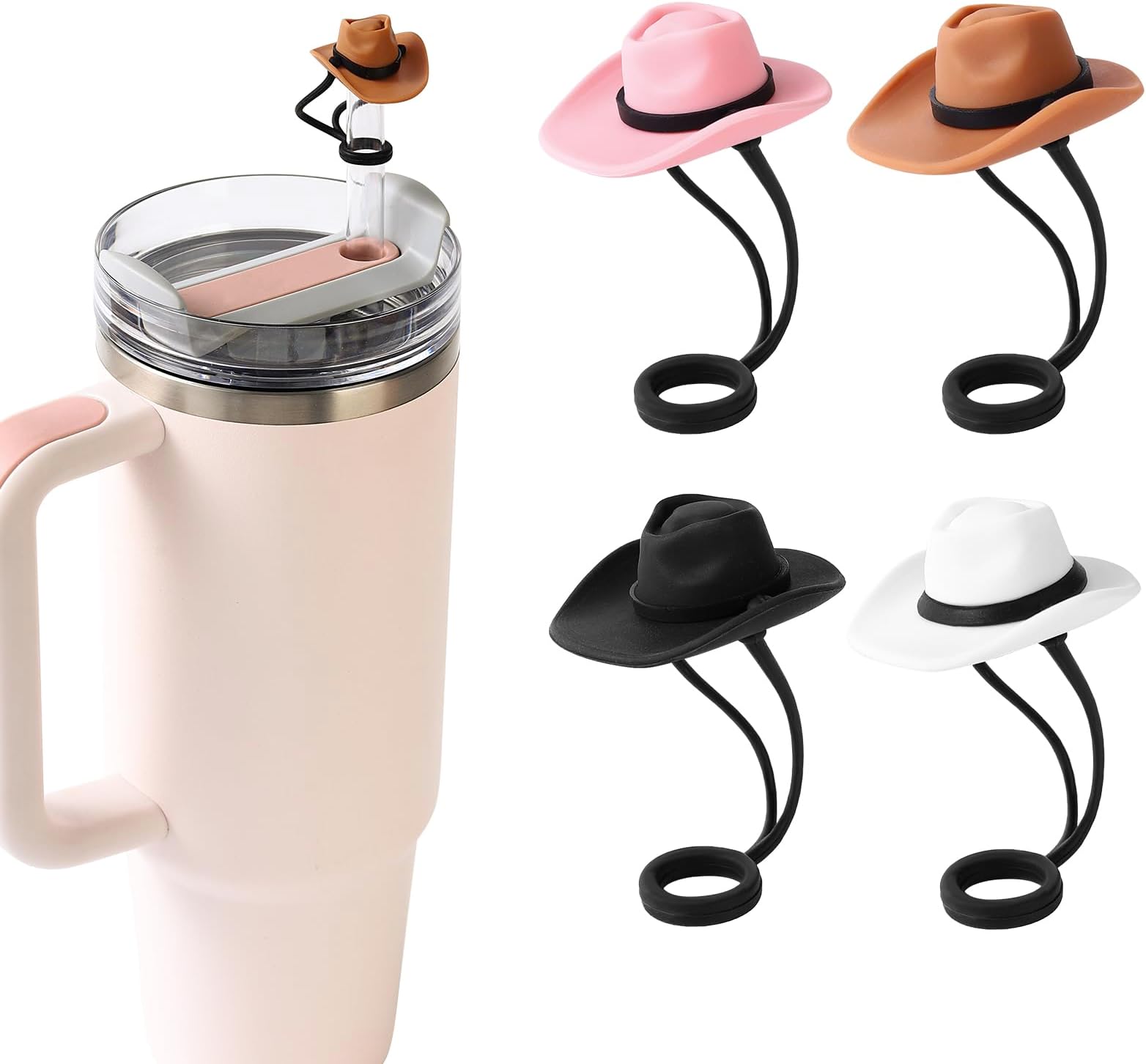 HOMDSG 4 Pack Silicone Cowboy Hat Straw Covers Cap Compatible with Stanley Cup 30 40 oz, Cute Funny Tumbler Straw Topper Accessories for Man & Woman Christmas Gift